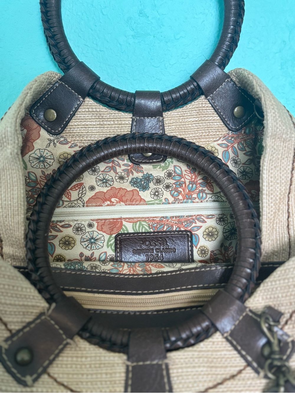 Fossil Beige Woven Shoulder Bag with Dark Brown Leather Ring Handles